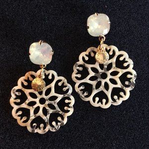 Big Flower Earrings Resin Opalite Rhinestone Gold Tone 2”